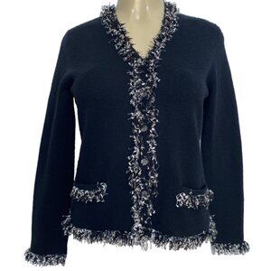 Neiman Marcus Cashmere Knit Sweater Cardigan Black White Fringe Pockets Button M